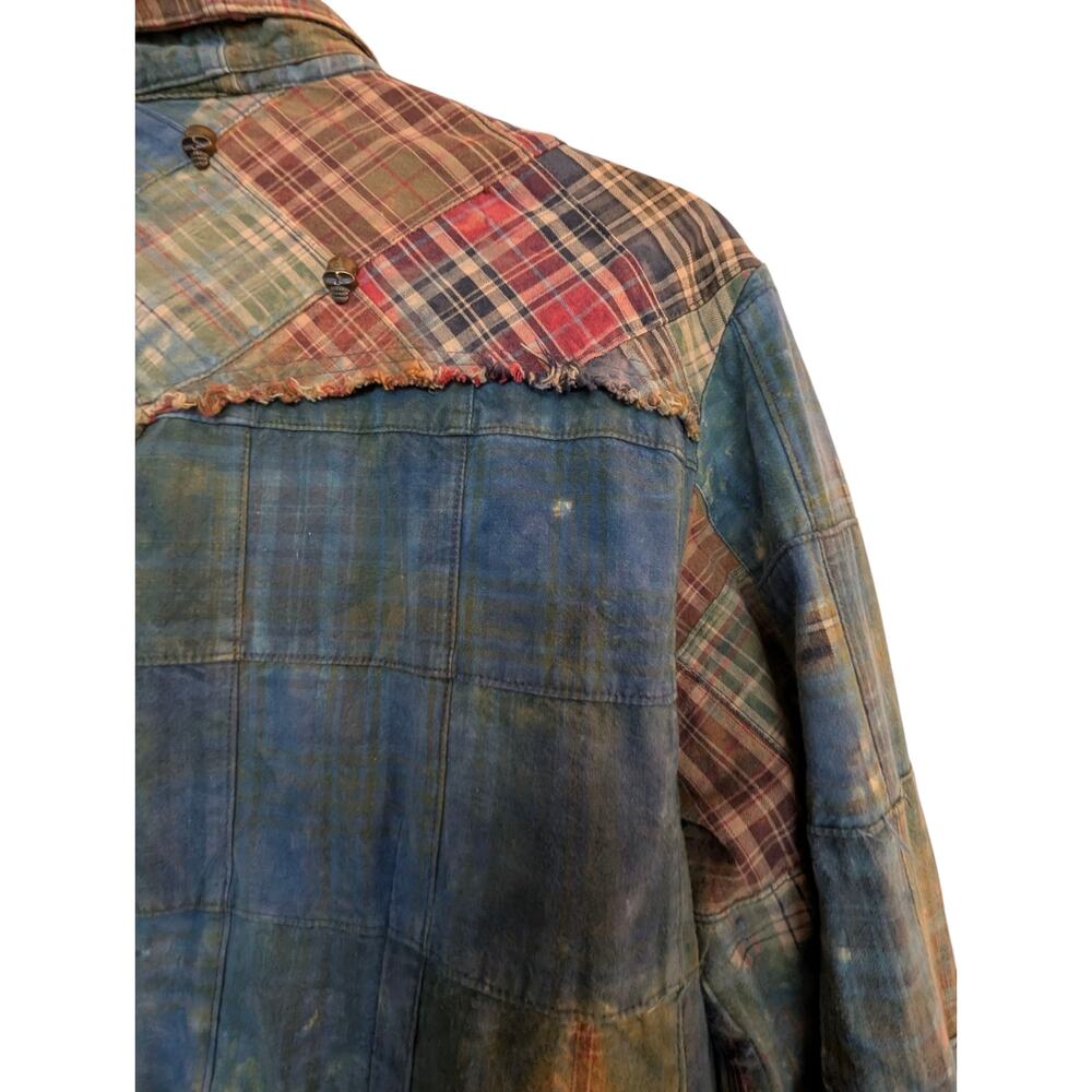 Custom Distresssed Studded Yoke Patchwork Madras Plaid Western Shirt - Picture 8 of 9